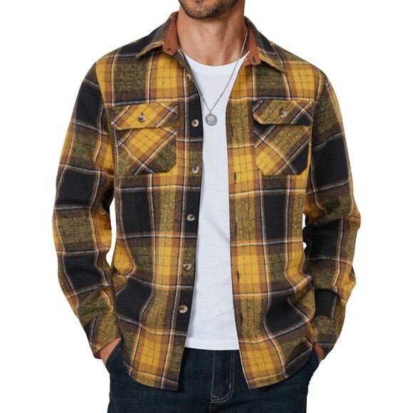 Coofandy Men Black Yellow Flannel Plaid Button Down Jacket Shirt with Pockets - Picture 1 of 5